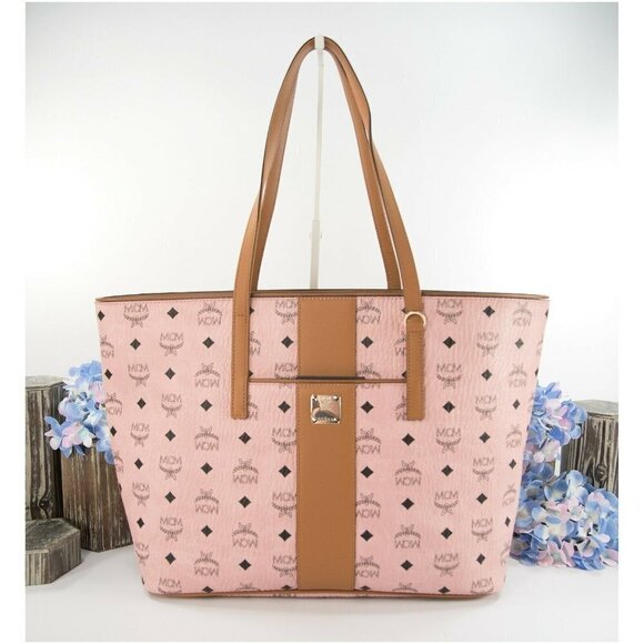 MCM Handbags - MCM Anya Baby Pink Visetos Logo Stripe Large Tote Bag NWT